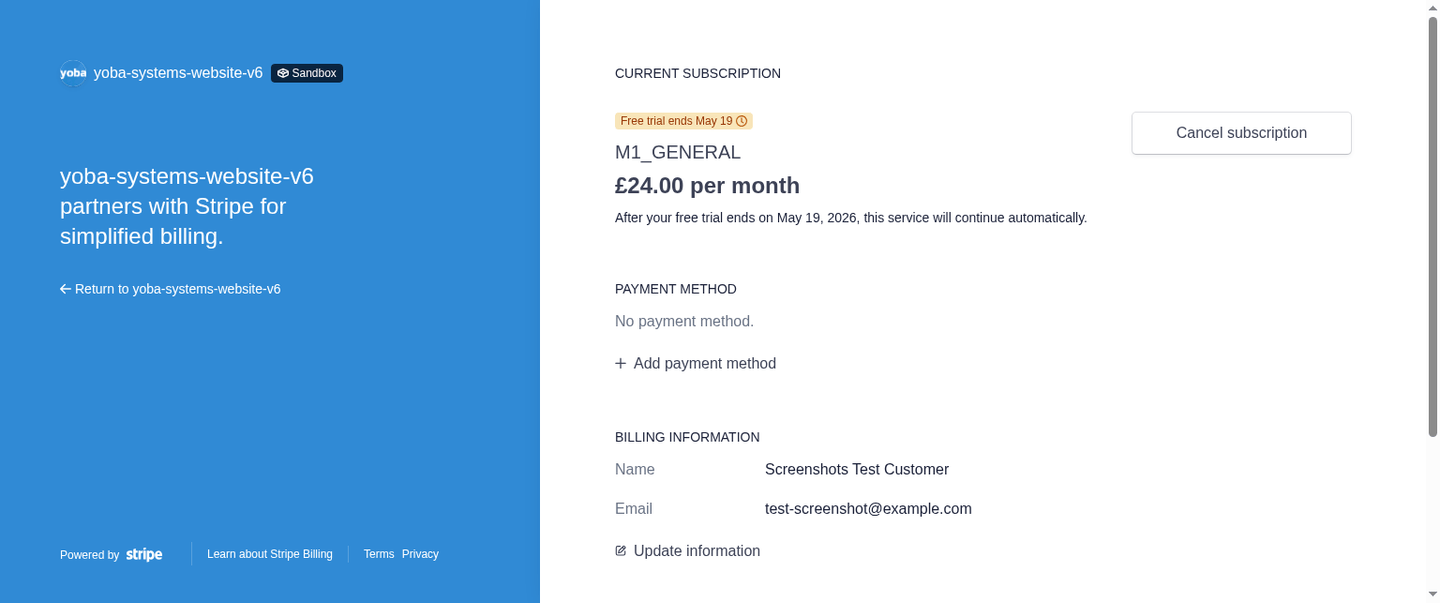 Stripe Customer Portal showing the subscription management interface.