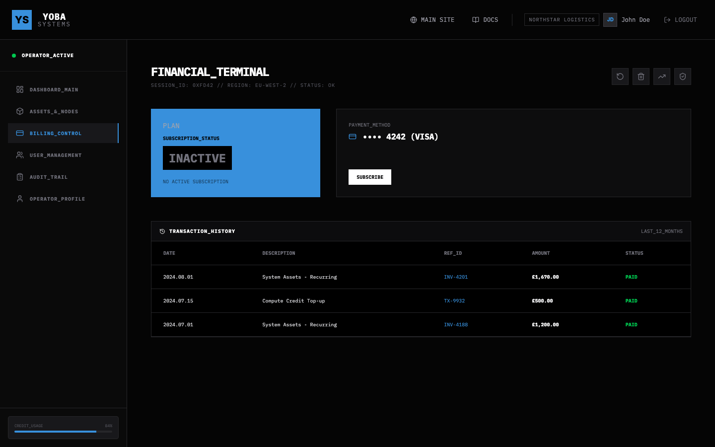 The billing tab overview inside the dashboard.