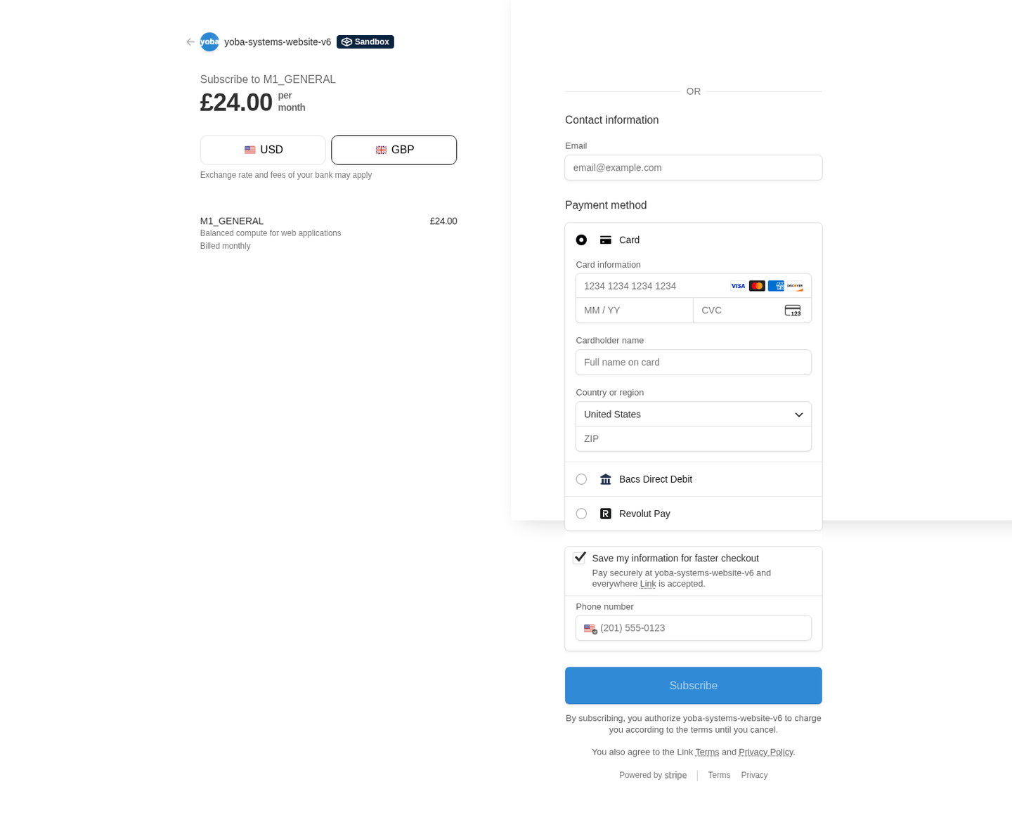 Stripe Checkout page showing the subscription purchase form.