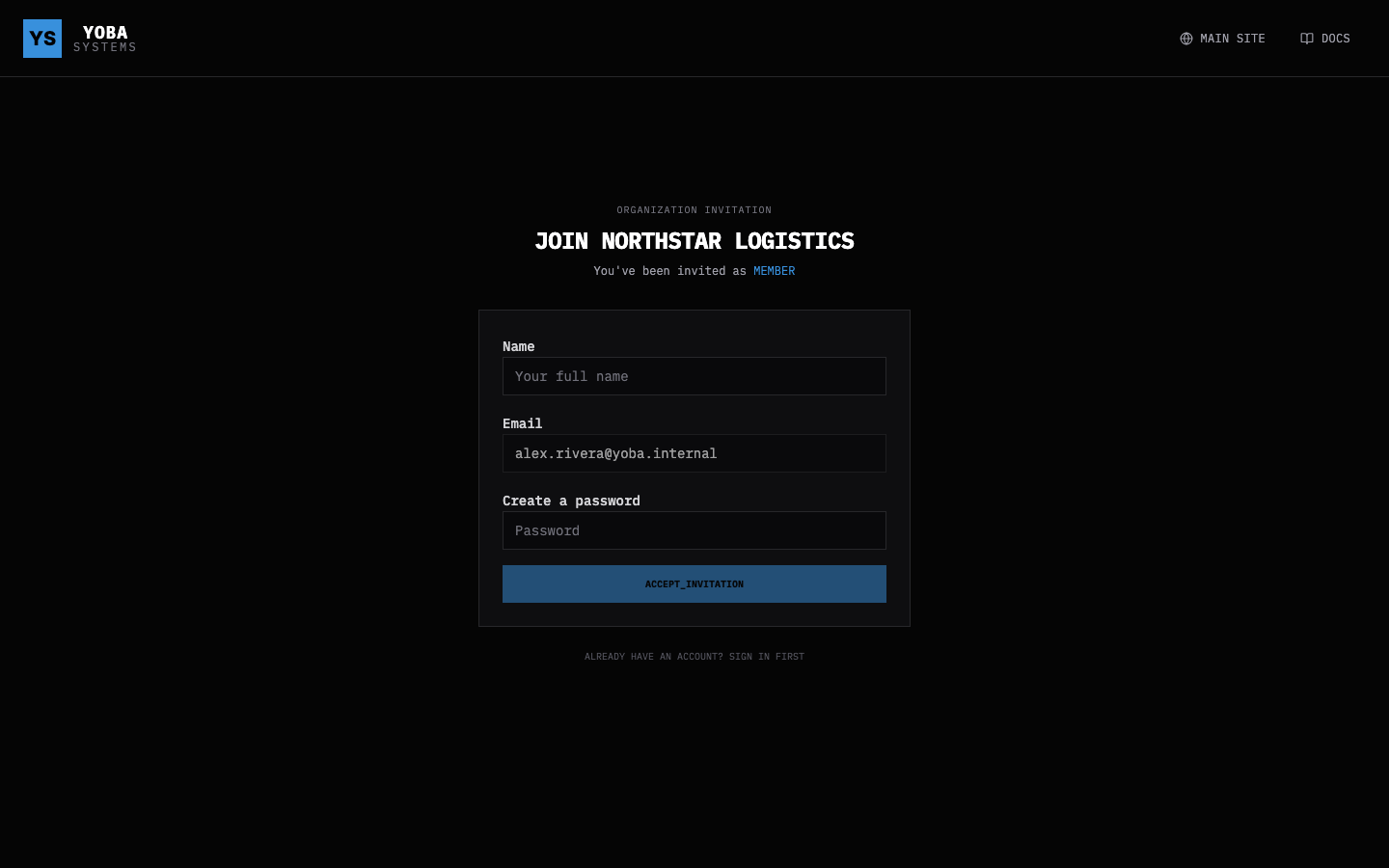 The invitation-backed signup view showing the invited organization context before account creation.