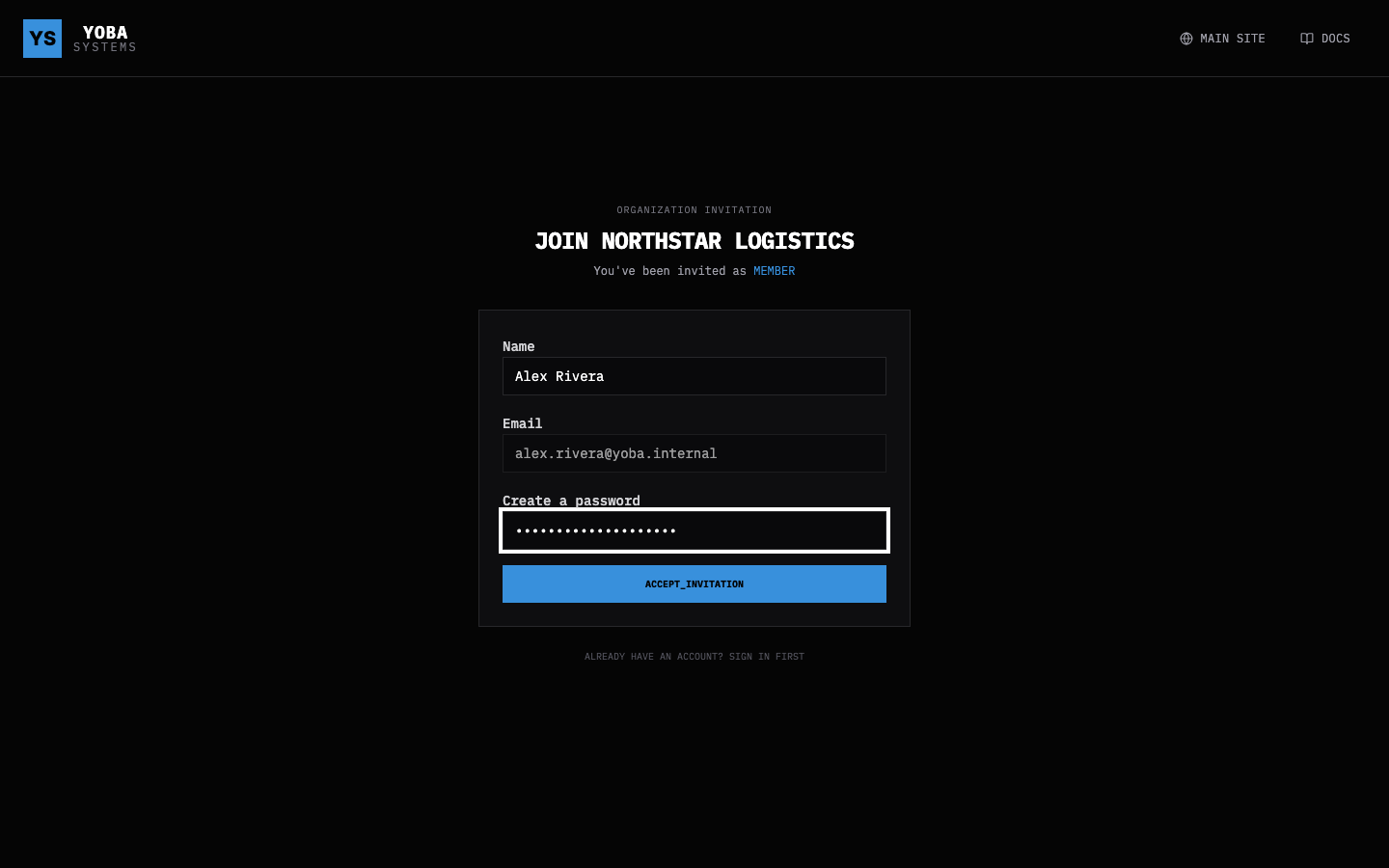 The invitation acceptance form with the password creation step visible.