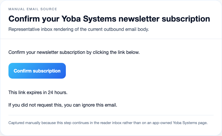 The newsletter confirmation email as a manual inbox-source artifact.