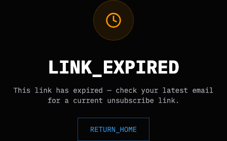 The unsubscribe page showing the Link_Expired recovery state.