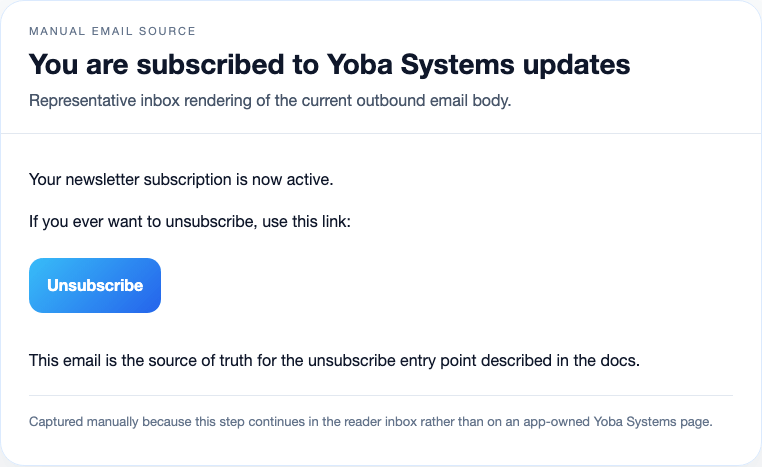 The newsletter email that contains the unsubscribe link as a manual inbox-source artifact.