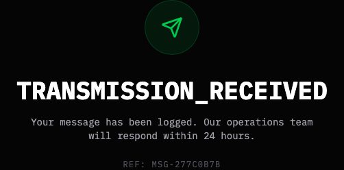 The Transmission_Received success panel after a public contact request is submitted.