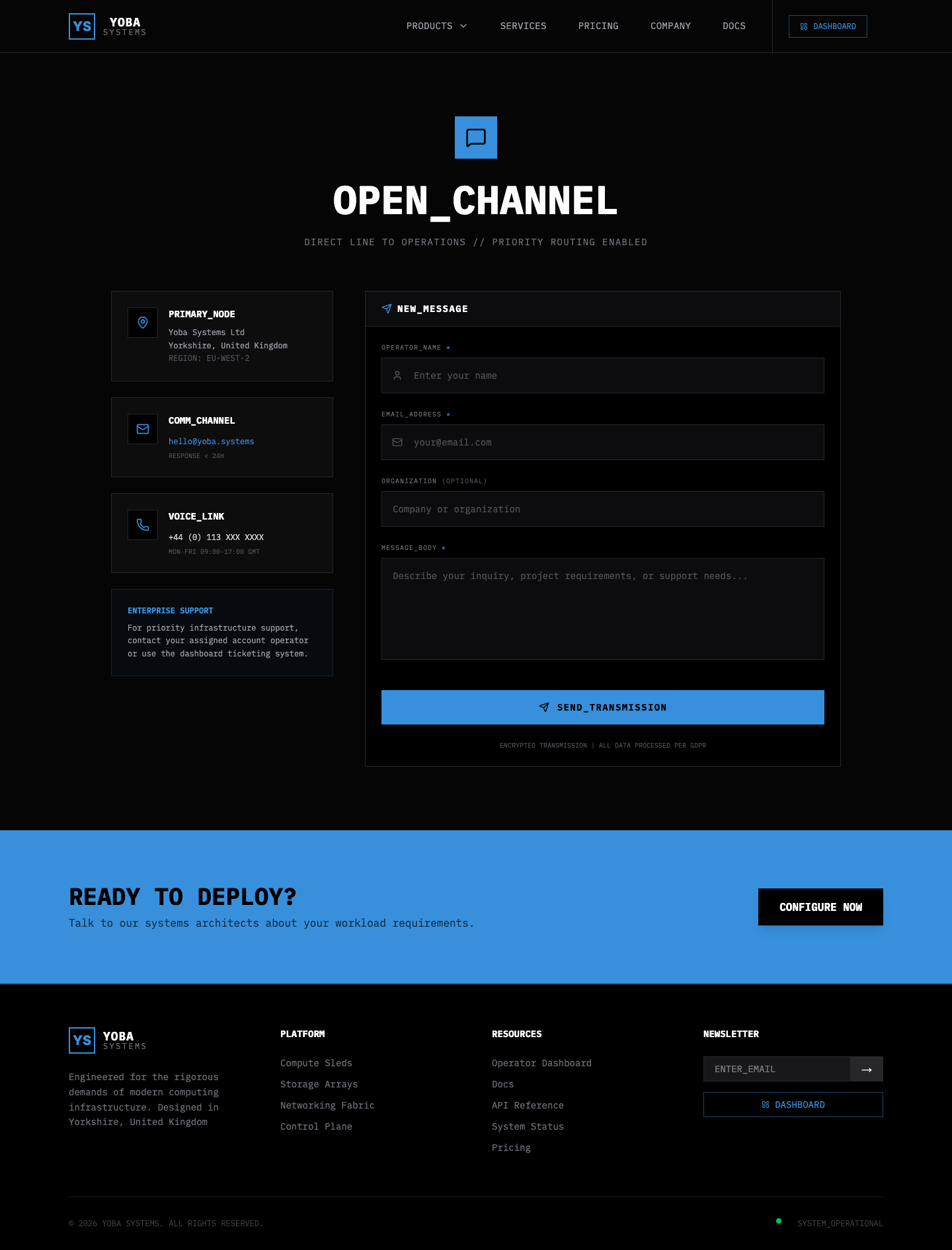 The live public contact page with the support entry state visible.