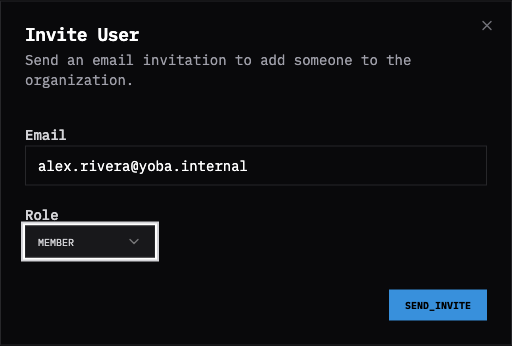 The invite member dialog with the role picker visible.